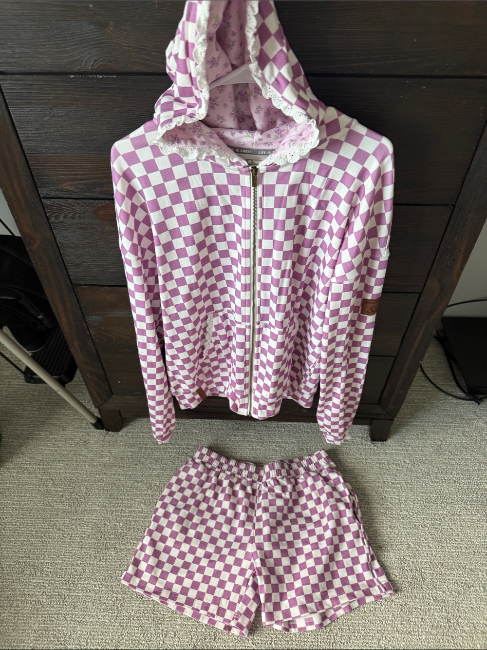 AMPERSAND AVE purple and white Checkerboard Hoodie and short Set